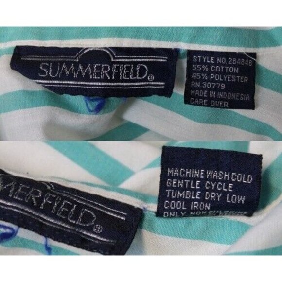 VTG 80s Summerfield Striped Button up Blouse Shirt Lg Teal Blue Preppy Classic - Picture 12 of 12